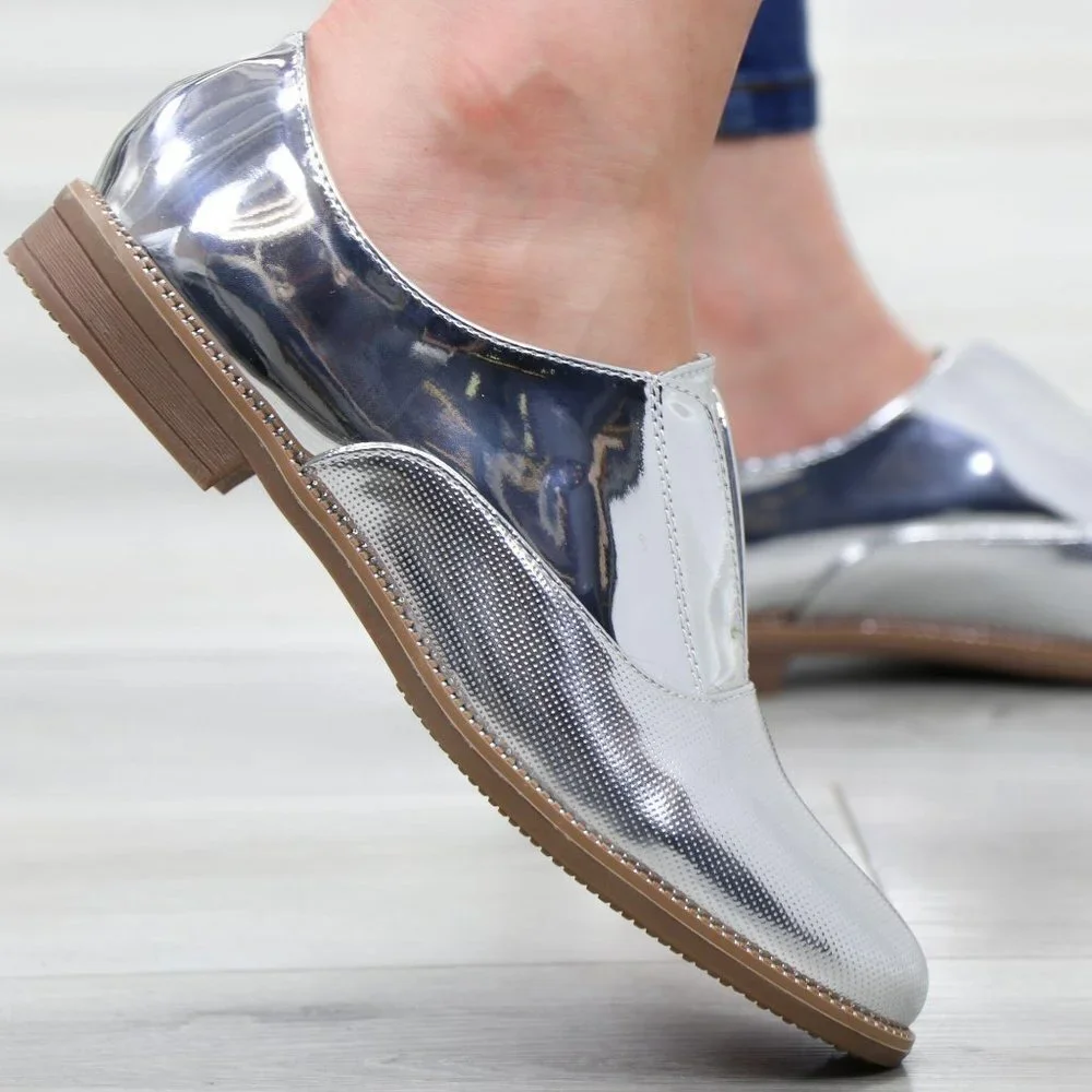 Silver Patent Flat Slip On Oxford Loafers - Picture 9 of 15